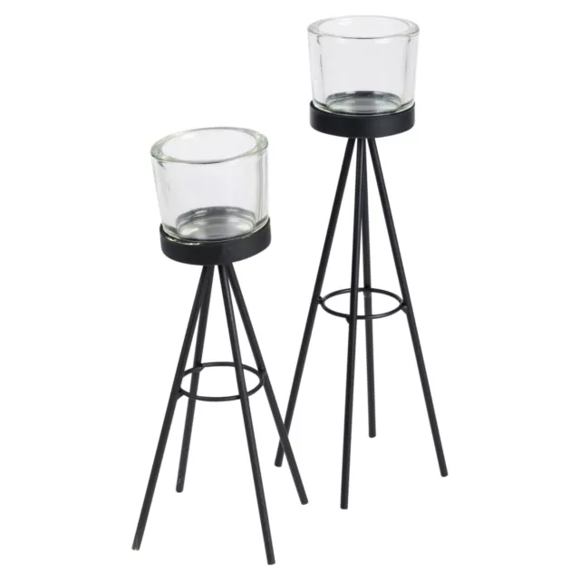 2 Metal Tripod Tealight Candle Stick Stand Glass Holder Set 8x19cm & 8x24cm Tall 2