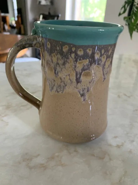 ceramic large coffee drinking mug turquoise brown glazed artisan signed OOAK NOS