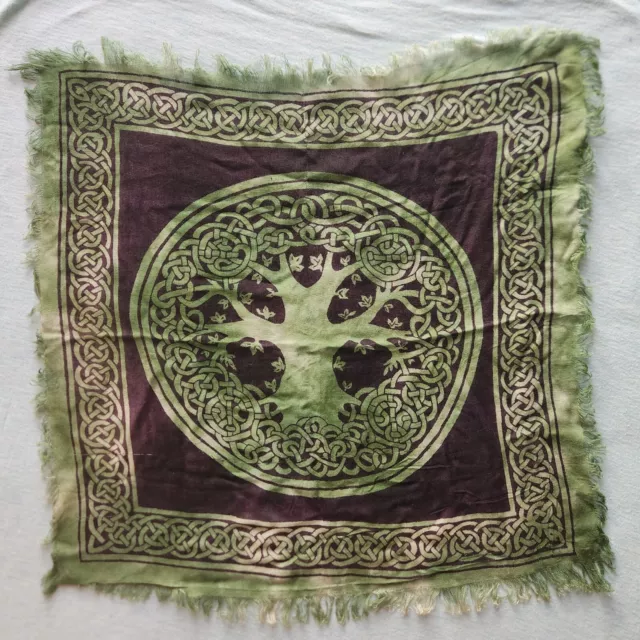 Tree of Life Altar Cloth 18" Green Rayon Fringed Celtic Knot Design