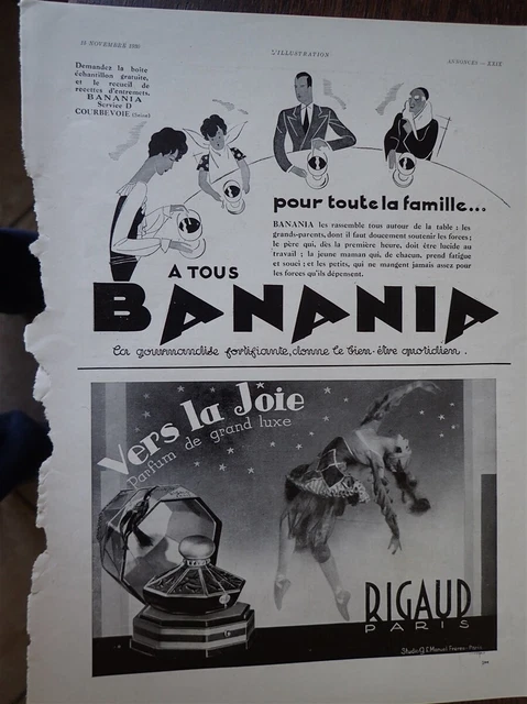 BANANA + RIGAUD perfume + LLOYD TRIESTINO paper advertising ILLUSTRATION 1930