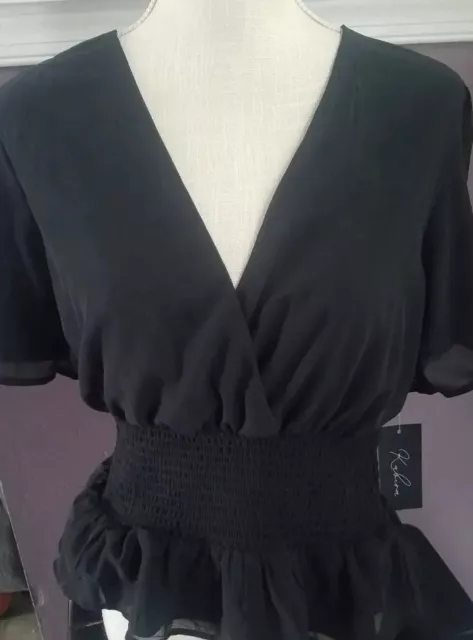 Kabina Smocked Back Peplum Hem Sheer Short Sleeve Black Top XL