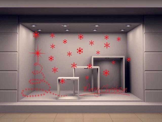 vetrofania adesivo vetrina albero natale merry Christmas ADESIVI Fiocco di Neve vetrina negozi natalizia Stickers Finestra Decorazione v20 (ROSSO