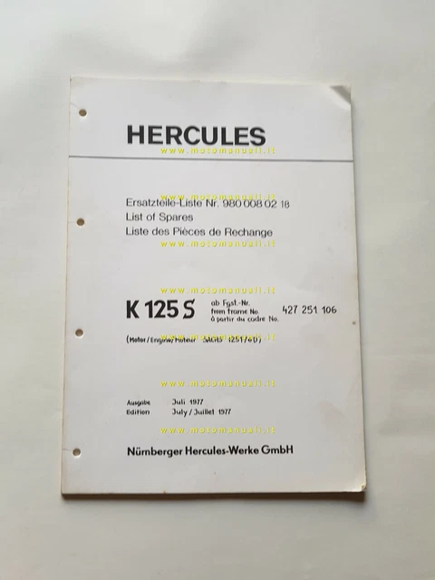 Hercules Sachs K 125 S 1977 catalogo ricambi TELAIO frame spare parts catalogue