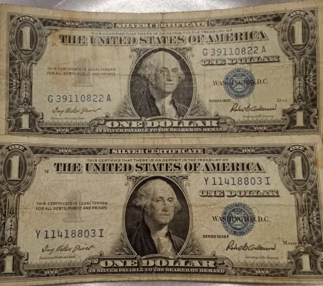 Vintage 1957 & 1935 Silver Certificate One Dollar Bills. Washington Blue Seal.