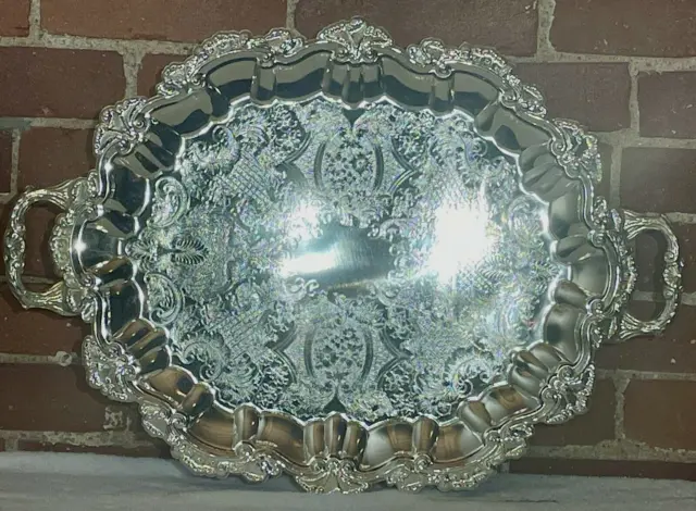 Large Vintage Silver Plated Butlers Serving Tray Footed Handled Ornate 16" X 22"