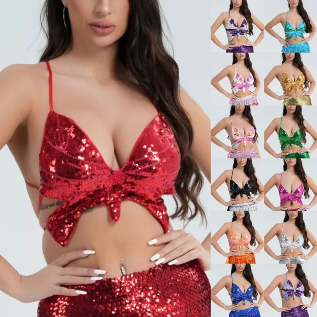 Women's Sequin Ruffle Crop Top Sexy V-Neck Sequin Bralette Bra Rave Dance Tops