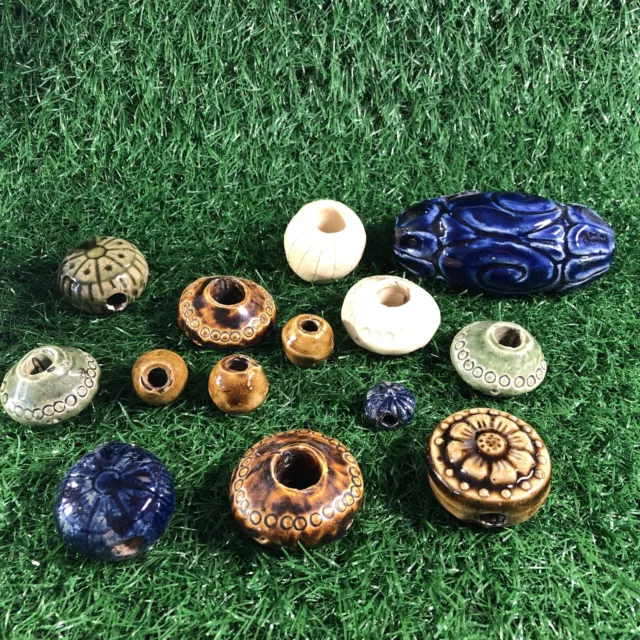 14 Vintage Handmade Ceramic Beads Boho Macrame Beads Large Glazed
