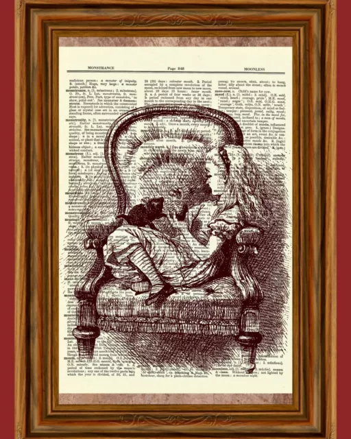 Alice in Wonderland Dictionary Art Print Book Picture Tale Poster Chair Cat