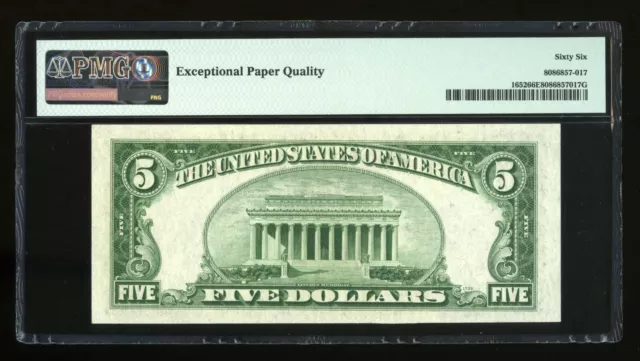 DBR 1934-B $5 Silver Gem Fr. 1652 Vinson LA Block PMG 66 EPQ Serial L76283061A 2
