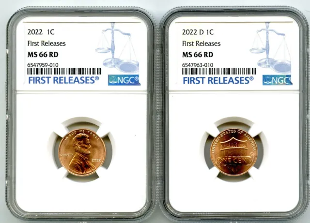 2022 P & D Lincoln Shield Cent Ngc Ms66 Rd 2-Coin Penny Set Blue First Releases