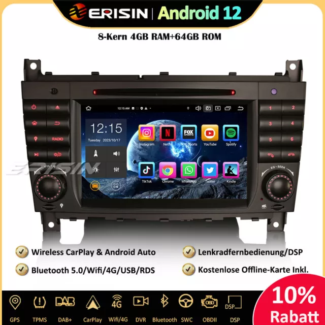 DAB+Android 12 Autoradio GPS CarPlay 4G Navi Mercedes CLC/CLK/C Klasse W203 W209