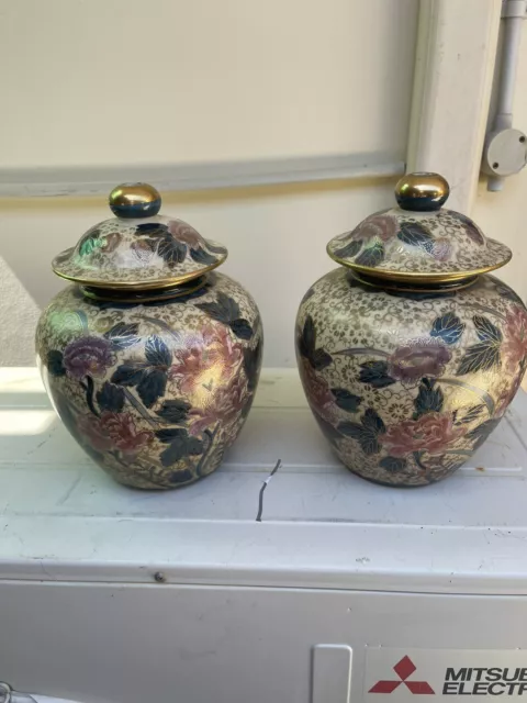 Pair VINTAGE Gold Decorative HAND PAINTED FLORAL GINGER JARS 28cm High X 23diam