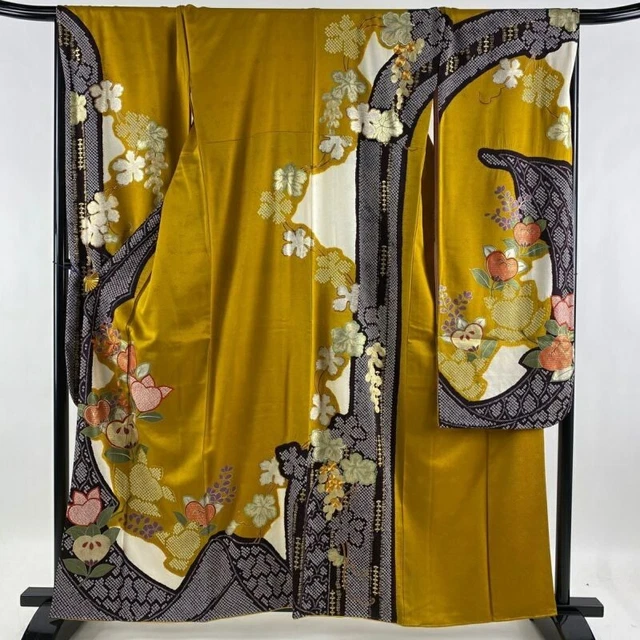 Woman Japanese Kimono Furisode Silk Tachibana Leaf Gold Thread Shibori Ochre