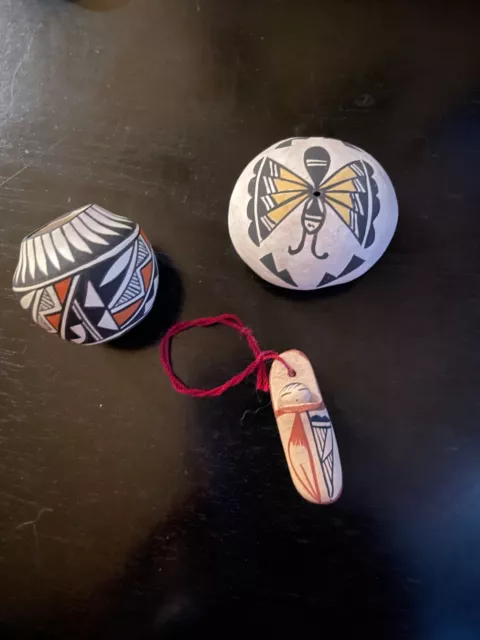 Lot of 3 Acoma Pueblo seed pot miniature pot and papoose ornament 2 pcs signed