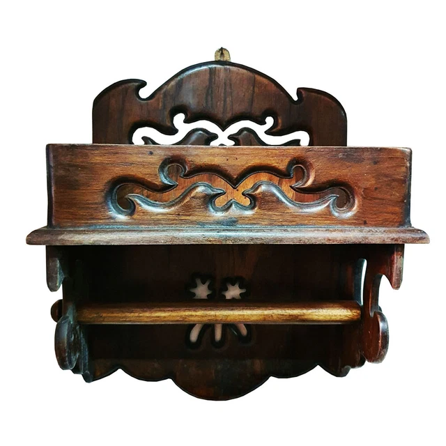 Vintage Towel Tissue Paper Roll Holder Wood Carved Wall Hanging Kitchen Tool