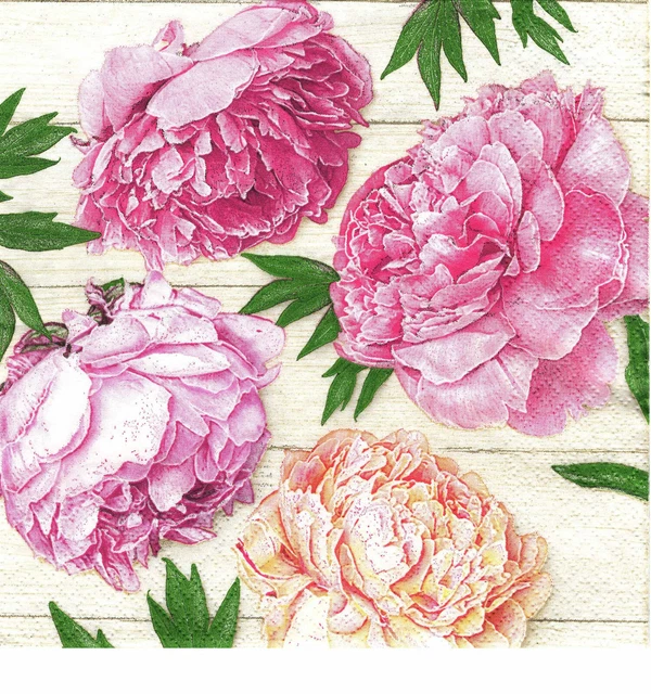 3 Servietten Blumen Pfinstrosen in rosa und gelb vor Holzwand 💙