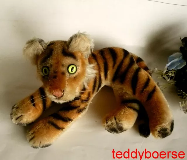 alter wunderschöner STEIFF Tiger liegend • ohne Knopf  • 17 cm  • 60er Jahre