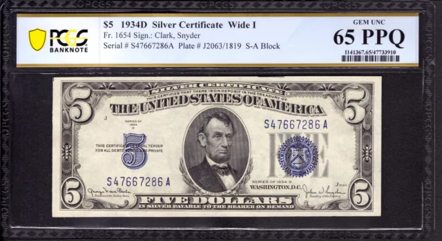 1934 D $5 Silver Certificate Note Fr.1654W Wide I Sa Block Pcgs B Gem Unc 65 Ppq