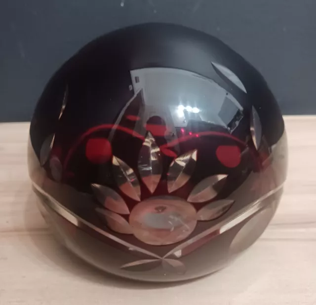 Vintage Cut To Clear Romanian Art Glass Paperweight Deep Red Purple Color 5"