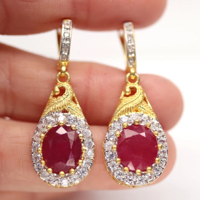 9 X 11 Mm. Rot Rubin & Weiß Zirkonia 925 Sterling Silber Ohrringe