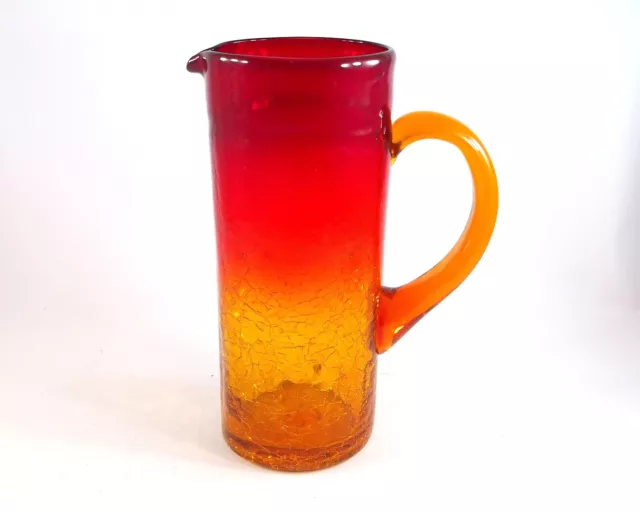 Amberina Crackle Glass Pitcher Vase, Hand Crafted Mid-Century Straight Sides, 7"