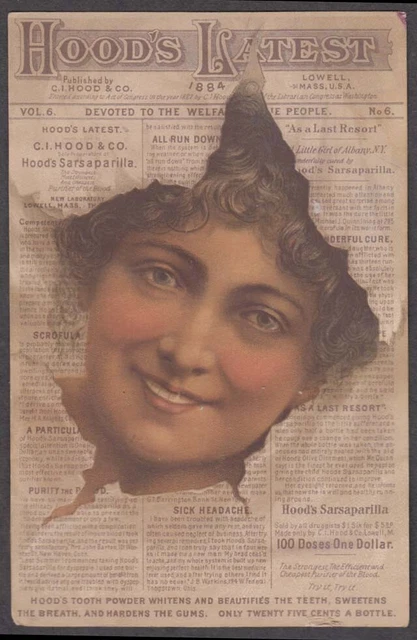 Hood's Sarsaparilla & tooth powder trade card face bursts thru newspaper 1884