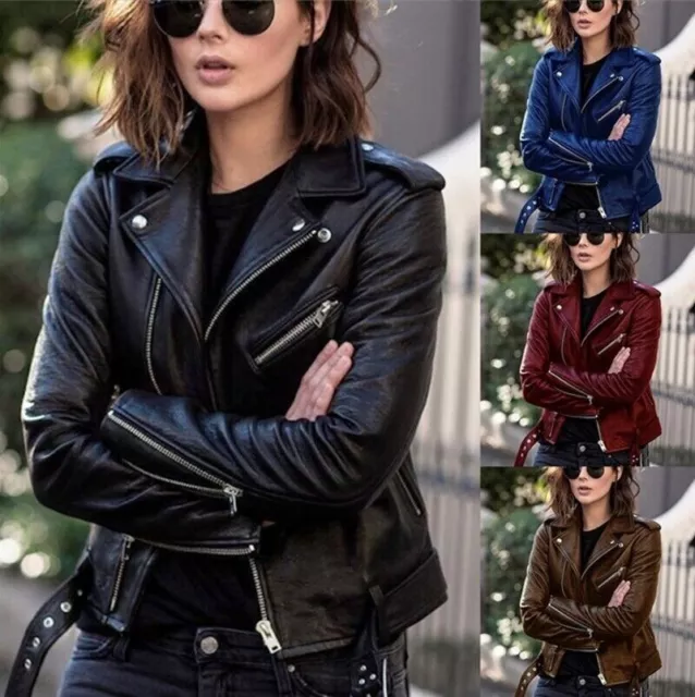 UK Women's Biker Jacket Slim Ladies Faux PU Leather Zip Formal Coat Plus Size 2