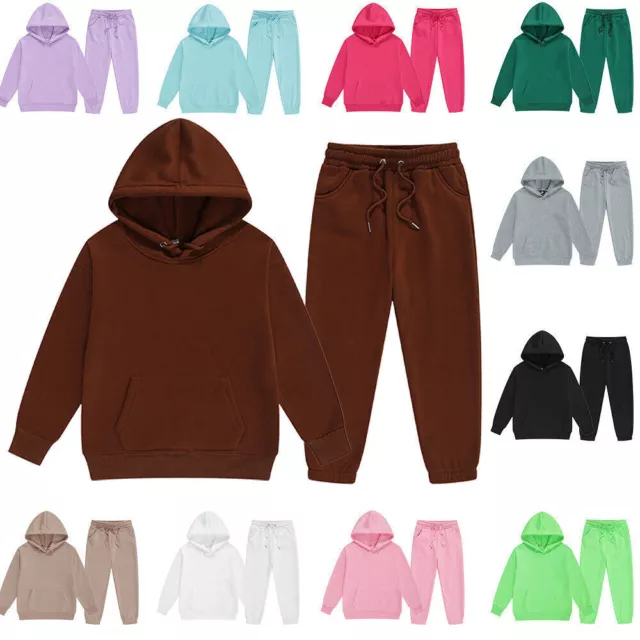 Boys Girls Plain Hoodie Tracksuit Set Kid Hooded Fleece Sweatshirt Top+Pant Suit