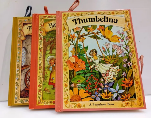 Set of 3 VINTAGE PEEPSHOW BOOKS 1970 FAIRYTALES THUMBELINA HANSEL SLEEPING Popup