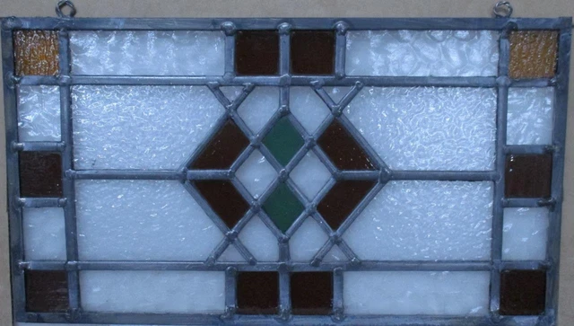 OLD ENGLISH STAINED GLASS WINDOW Unframed w Hooks Pretty Geometric 17.25" x 10"
