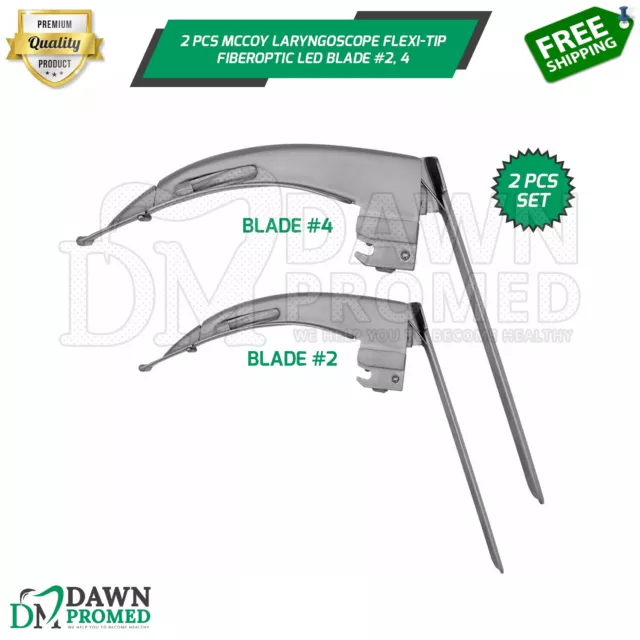 2 Pcs Mccoy Laryngoscope Flexi-Tip Fiberoptic Led Blade #2, 4 Set