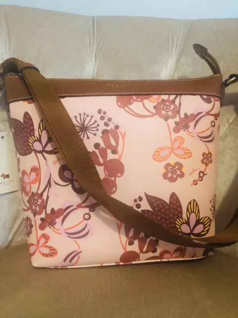 Radley London Floral Zip-Top Small Crossbody Shoulder Bag Handbag Pink Brown New