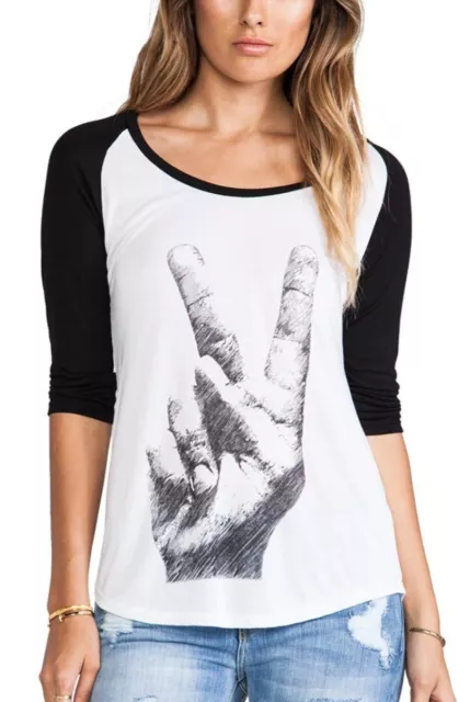 Lauren Moshi Frankie Peace Hand Sign Fingers Baseball T Shirt White Black Small