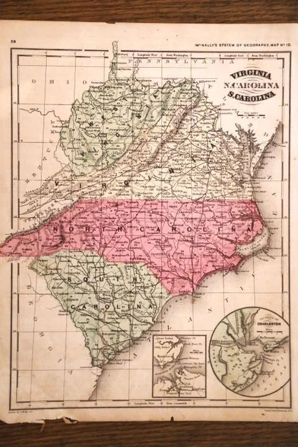 1872 Rare Antique Mcnally Atlas Map-Virginia, North Carolina, South Carolina