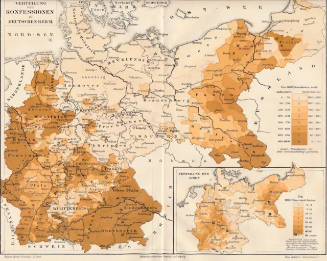 Original historische farbige Landkarte  Verteilung der Konfessionen im Deutschen