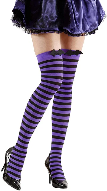 Pantys Moradas Con Rayas Negras De FIESTAS GUIRCA – Talla única, De Poliéster Y Spandex, Accesorio De Disfraz De Bruja Para Halloween Y Fiestas De Disfraces, Look Terrorífico Y Elegante