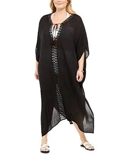 MSRP $62 Raviya Plus Maxi Crochet Trim Dress Cover-Up Black Size 1X (TORN)