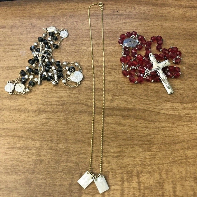 ROSARY CRYSTAL black beaded rosary w MOP GOLTONE NECKLACE W V MARY  RED 3 In All