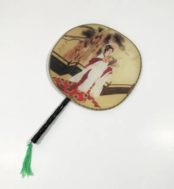 Vintage Japanese Geisha Girl Hand Fan Stretched Silk Paddle Style Bamboo Handle