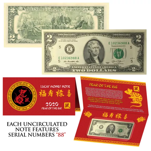 2020 Lunar Chinese New YEAR of the RAT Lucky U.S. $2 Bill w/ Red Folder - S/N 88