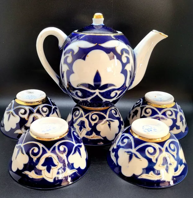 Russian Porcelain Uzbekistan 7 Piece Floral Tea Pot & Bowls Cobalt Blue & Gold