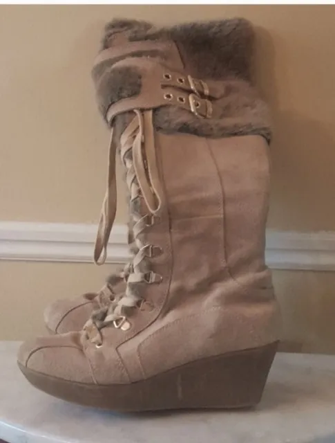 Report Cascade Tan suede leather Faux Fur Boots Zipper Lace-Up Wedge Sz 7.5 READ