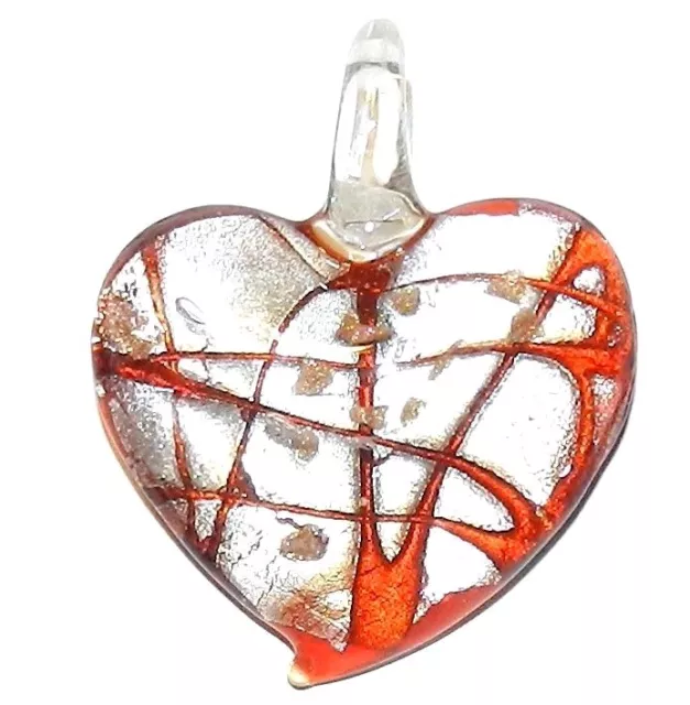P1258 Red Swirl Silver Foil w Gold Sparkle 45mm Heart Lampwork Glass Pendant