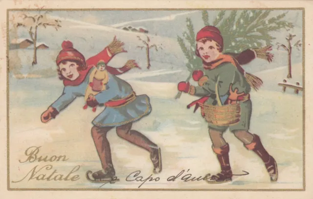 Cartolina Auguri-Feste Buon Natale Bambini Magia Natalizia Viaggiata 1936