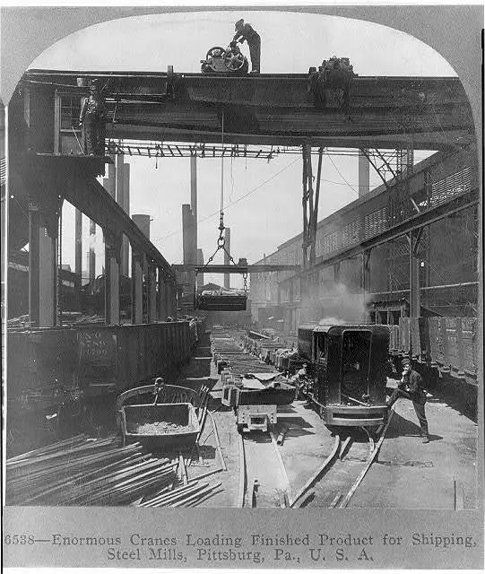 Large Cranes,Loading Railroad Cars,Pittsburgh,Pennsylvania,Steel Mills,c1905