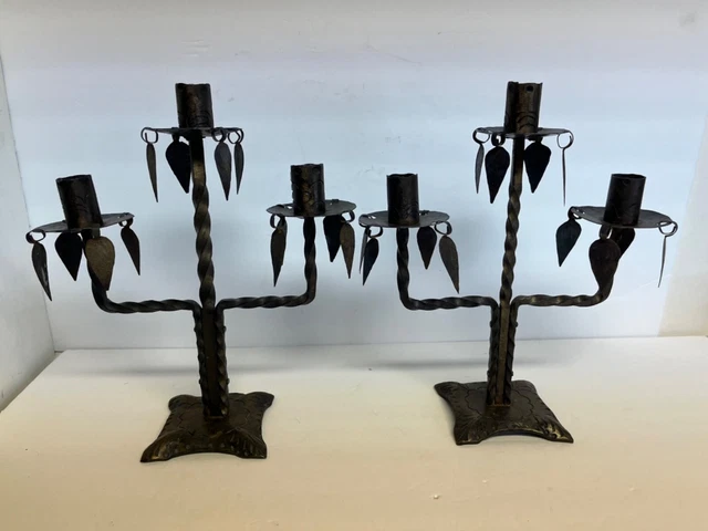 MCM Brutalist 3 Light Pair Candelabra Wrought Iron Hand Forged Leaves Signed OGN