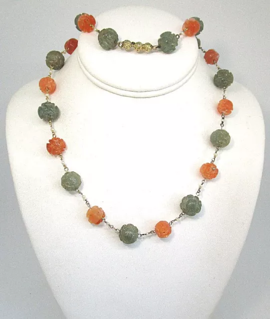 Necklace w 14K Yellow Gold / Carved Chinese Carnelian and Jade