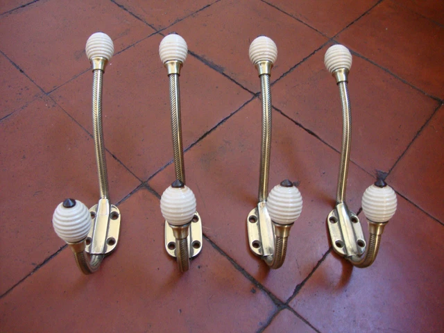 Good antique set 4 patterned brass and porcelain coat hooks