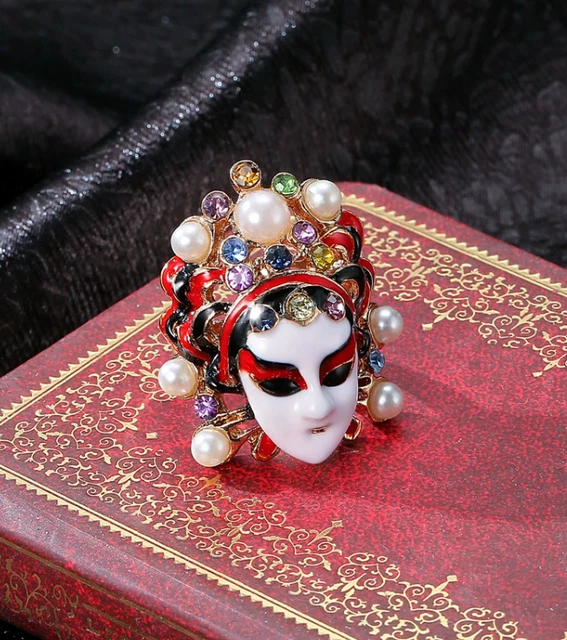Chinese Style Opera Mask Ring Multicoloured Gems Adjustable Size Red Eyes