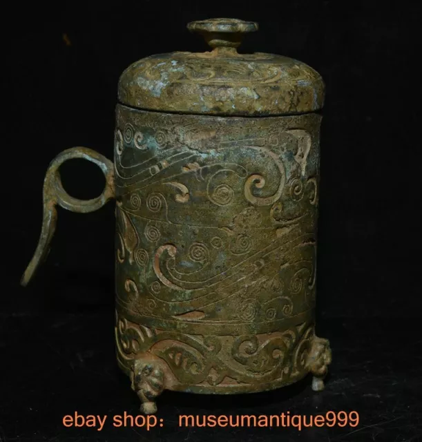 5.2" Old China Chinese Bronze ware dynasty Beast handle Feet Lid Cann Goblet